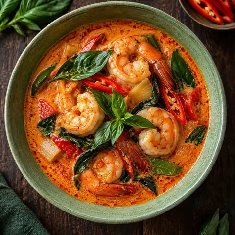 Thai red curry with prawns, coconut milk, basil and red chilli