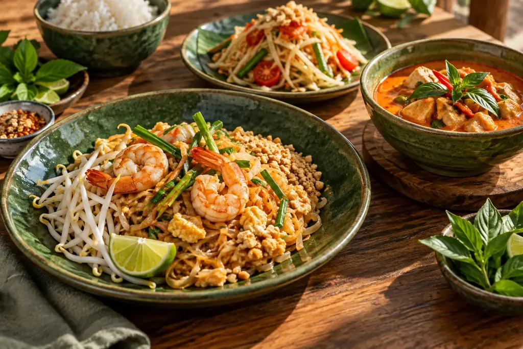 A Thai meal with shrimp pad Thai, curry, papaya salad and jasmine rice